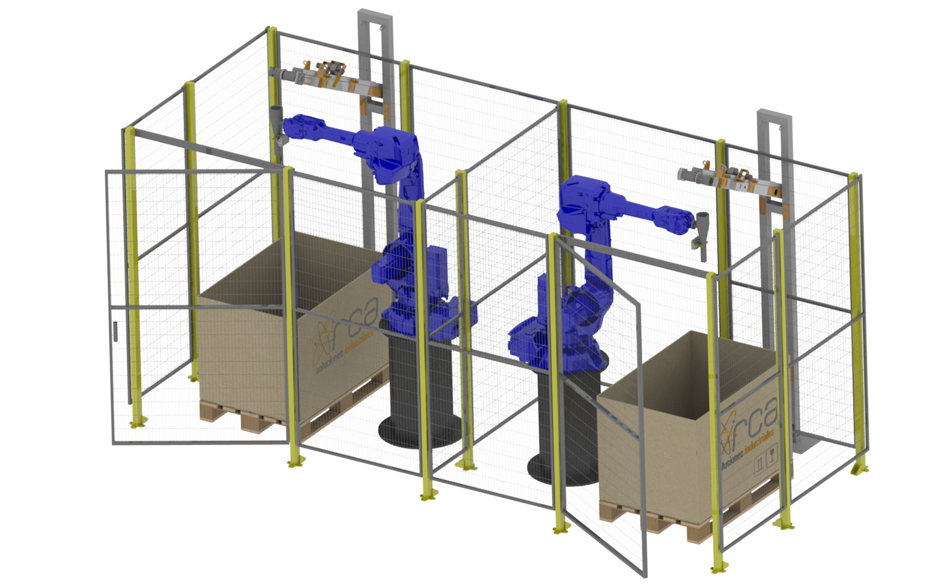 Render 3D de brazos robóticos de packaging Yaskawa