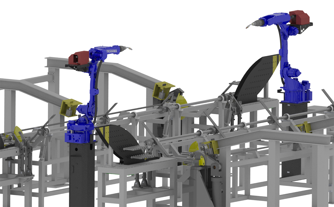 render-robots-soldadura Render 3D de cadena de soldadura robótica